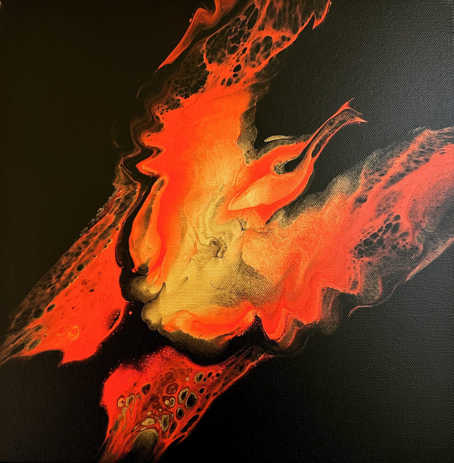 Black background with an abstract depiction of a phoenix rising from ashes